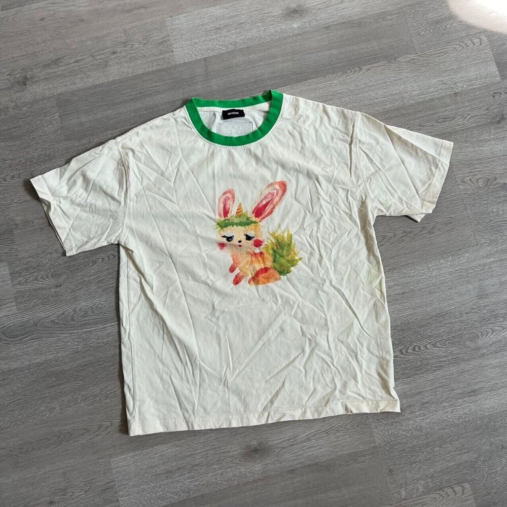 We11done Rabbit Print T Shirt Size Small Cream Green Crew Neck Size Small